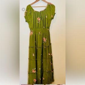 Anthropologie Kindred Green Embroidered Floral Maxi Dress